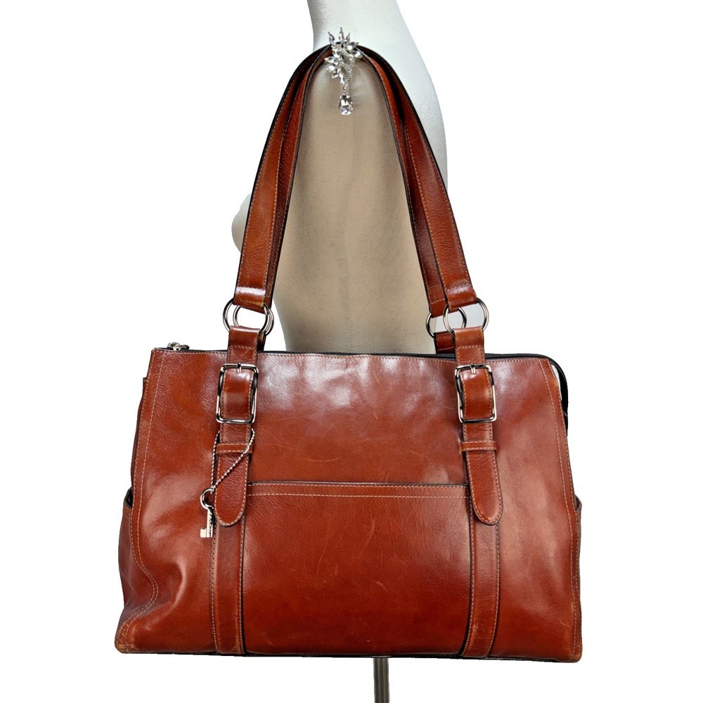 Fossil Vintage Cognac Brown Leather Laptop Work Tote Large Shoulder Bag 76082